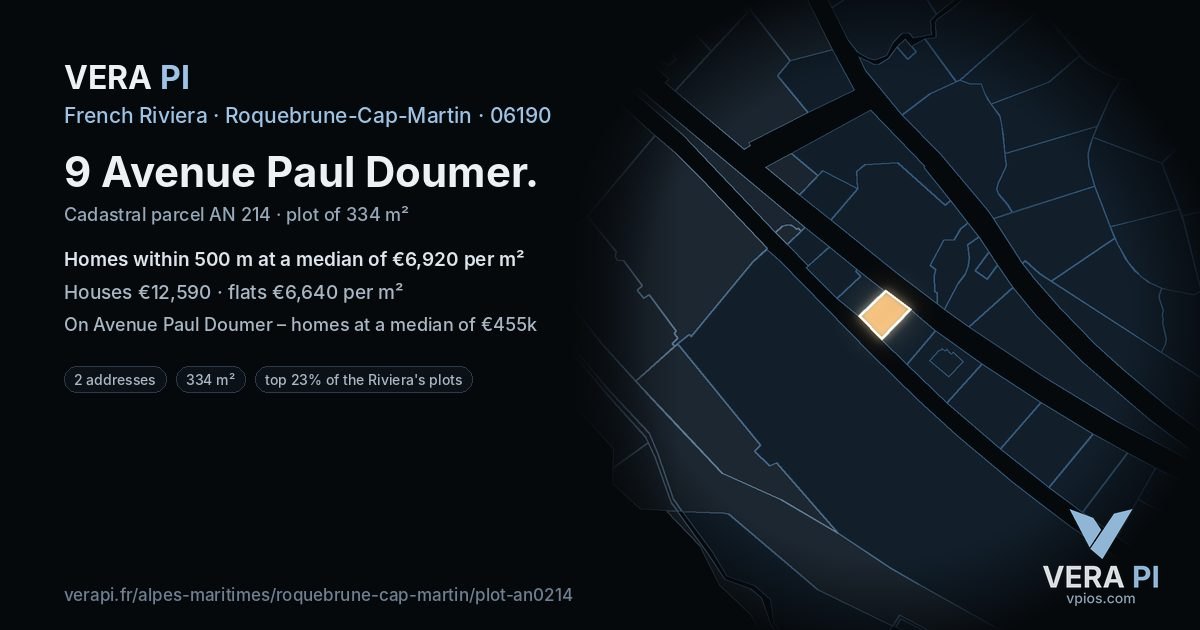 9 Avenue Paul Doumer, Roquebrune-Cap-Martin at night – the plot lit, the parcels around coloured by the prices near them