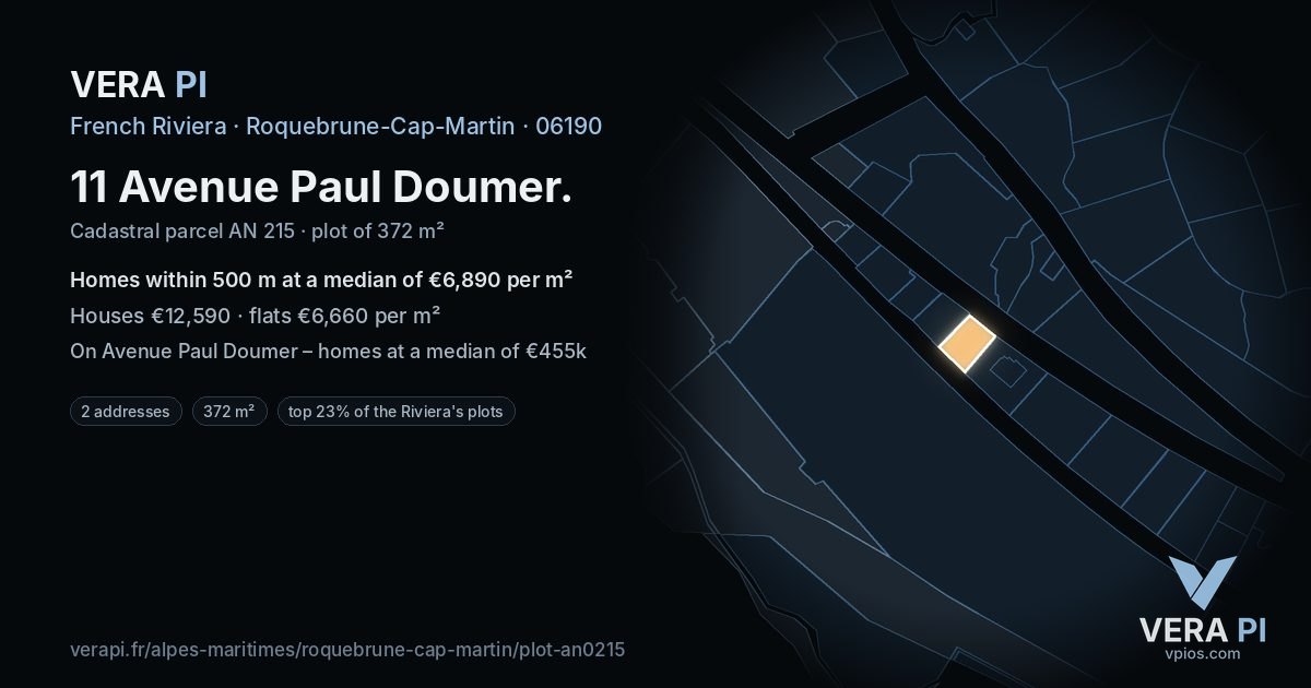 11 Avenue Paul Doumer, Roquebrune-Cap-Martin at night – the plot lit, the parcels around coloured by the prices near them
