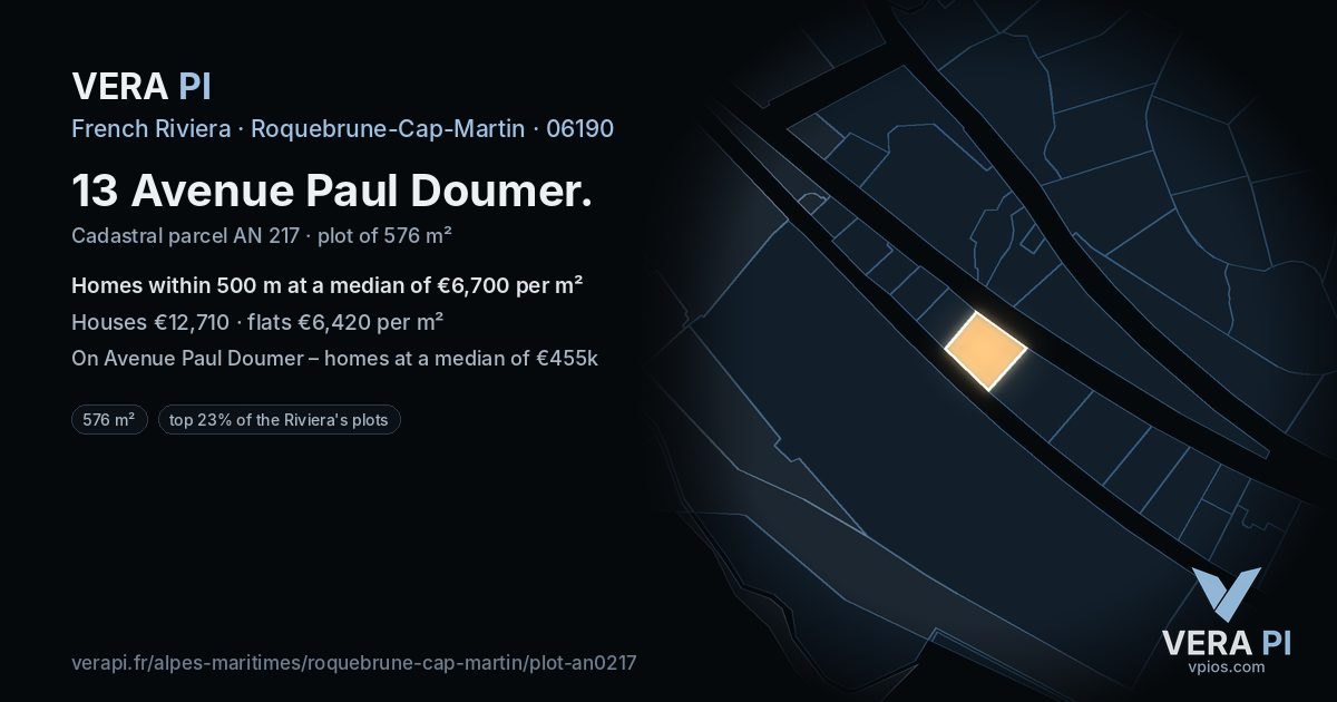 13 Avenue Paul Doumer, Roquebrune-Cap-Martin at night – the plot lit, the parcels around coloured by the prices near them