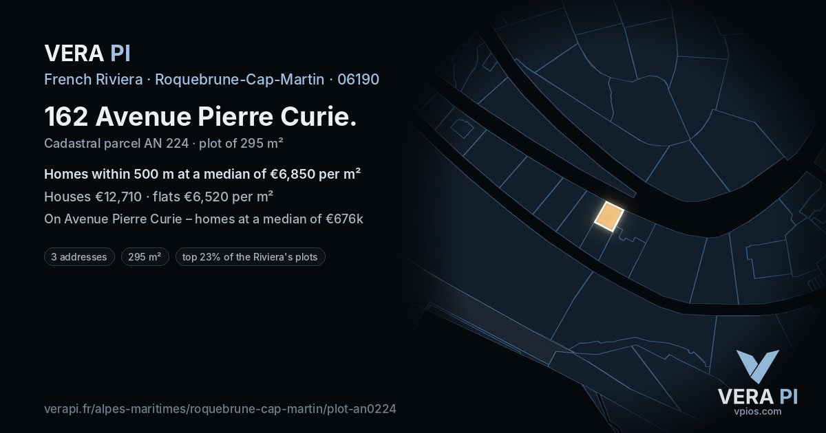 162 Avenue Pierre Curie, Roquebrune-Cap-Martin at night – the plot lit, the parcels around coloured by the prices near them