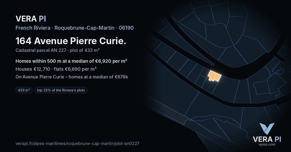 164 Avenue Pierre Curie, Roquebrune-Cap-Martin at night – the plot lit, the parcels around coloured by the prices near them
