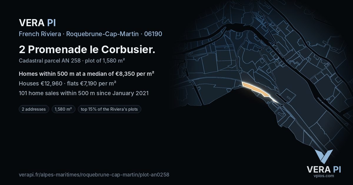 2 Promenade le Corbusier, Roquebrune-Cap-Martin at night – the plot lit, the parcels around coloured by the prices near them
