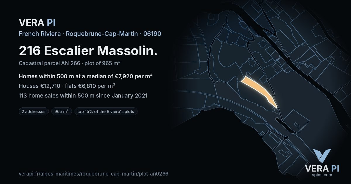 216 Escalier Massolin, Roquebrune-Cap-Martin at night – the plot lit, the parcels around coloured by the prices near them