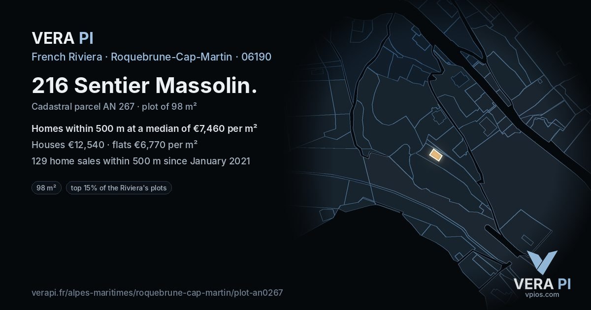 216 Sentier Massolin, Roquebrune-Cap-Martin at night – the plot lit, the parcels around coloured by the prices near them