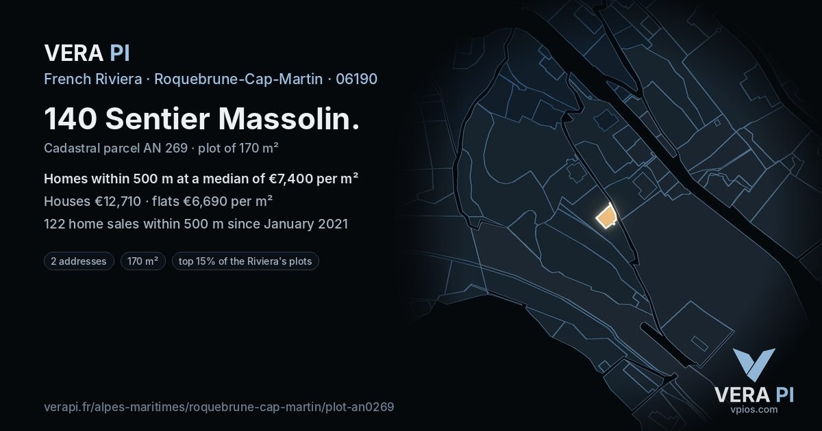 140 Sentier Massolin, Roquebrune-Cap-Martin at night – the plot lit, the parcels around coloured by the prices near them