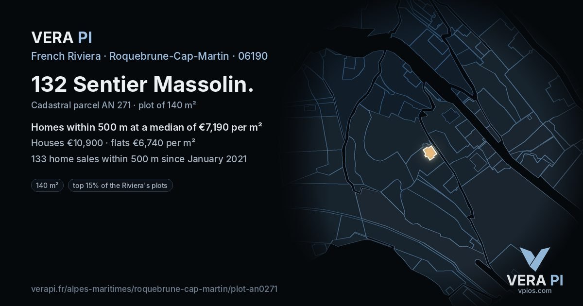 132 Sentier Massolin, Roquebrune-Cap-Martin at night – the plot lit, the parcels around coloured by the prices near them