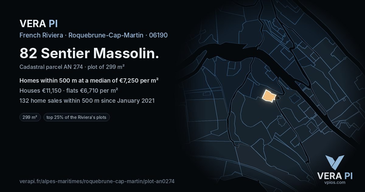 82 Sentier Massolin, Roquebrune-Cap-Martin at night – the plot lit, the parcels around coloured by the prices near them