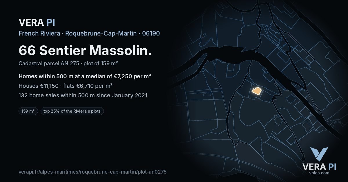 66 Sentier Massolin, Roquebrune-Cap-Martin at night – the plot lit, the parcels around coloured by the prices near them