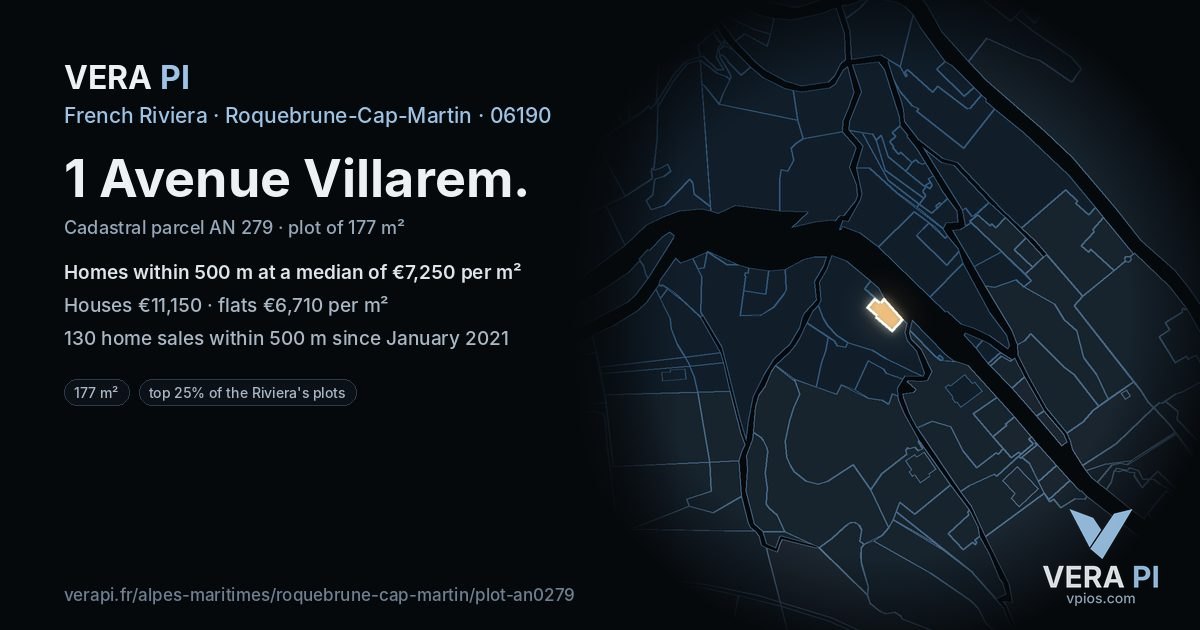 1 Avenue Villarem, Roquebrune-Cap-Martin at night – the plot lit, the parcels around coloured by the prices near them