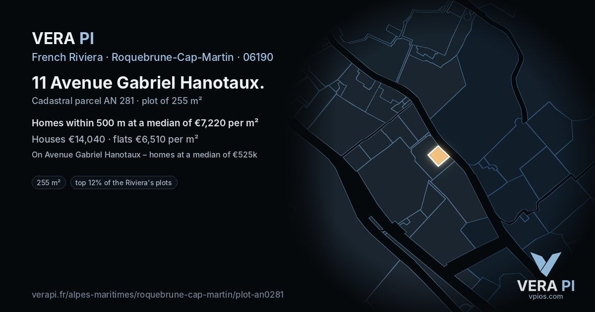 11 Avenue Gabriel Hanotaux, Roquebrune-Cap-Martin at night – the plot lit, the parcels around coloured by the prices near them