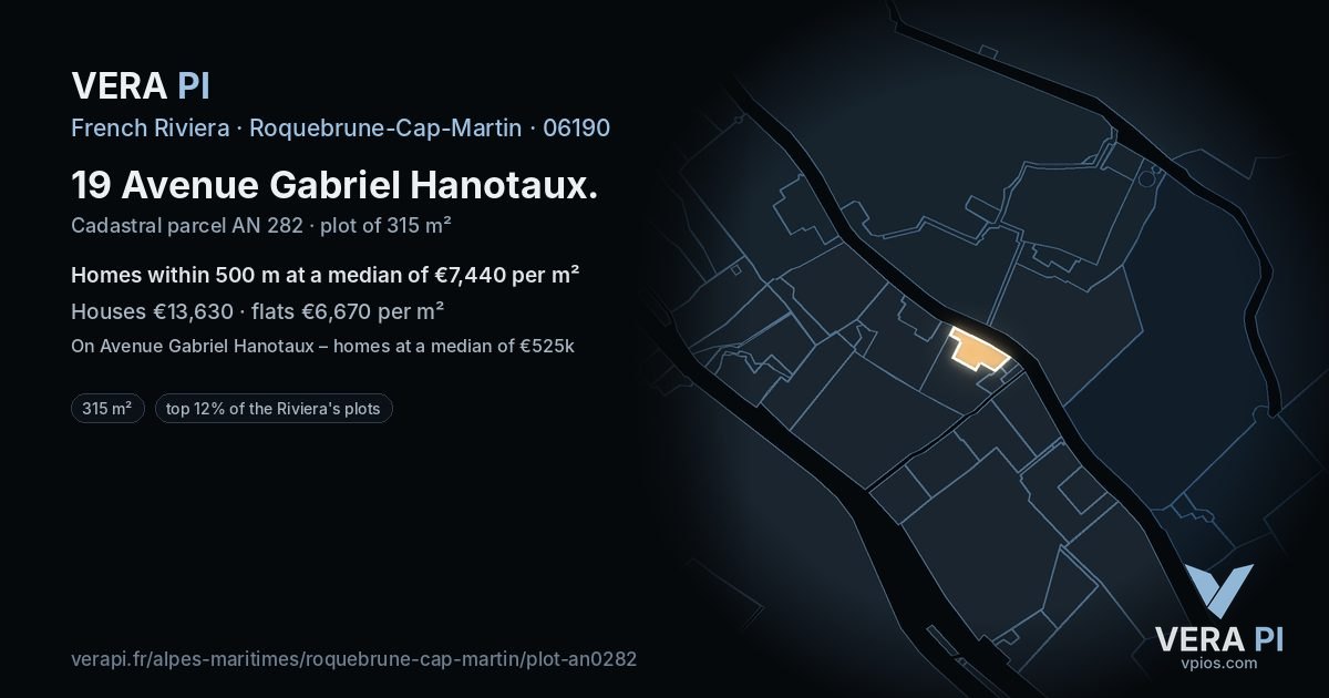 19 Avenue Gabriel Hanotaux, Roquebrune-Cap-Martin at night – the plot lit, the parcels around coloured by the prices near them