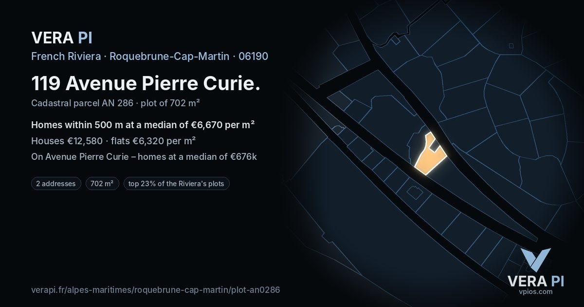 119 Avenue Pierre Curie, Roquebrune-Cap-Martin at night – the plot lit, the parcels around coloured by the prices near them