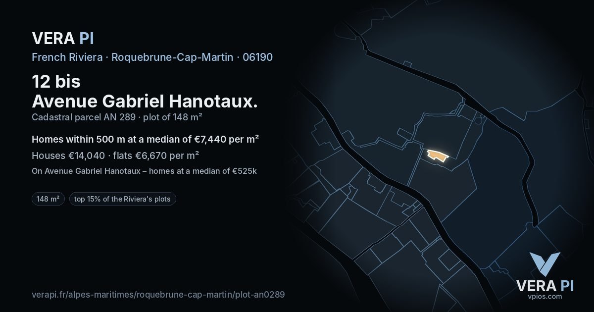 12 bis Avenue Gabriel Hanotaux, Roquebrune-Cap-Martin at night – the plot lit, the parcels around coloured by the prices near them