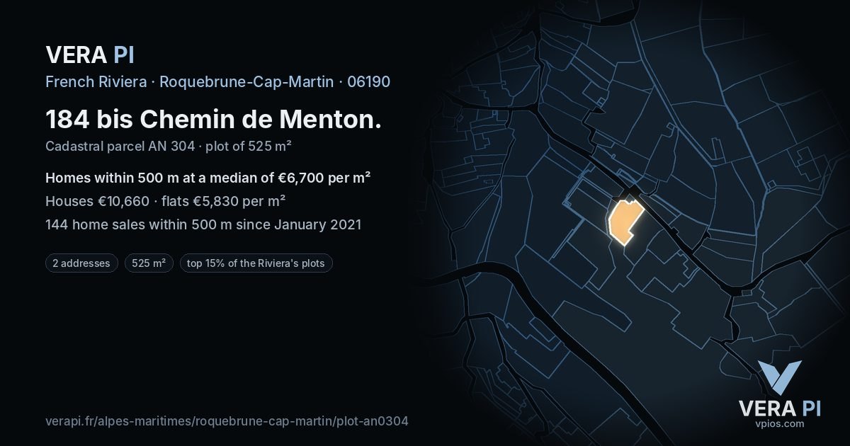 184 bis Chemin de Menton, Roquebrune-Cap-Martin at night – the plot lit, the parcels around coloured by the prices near them