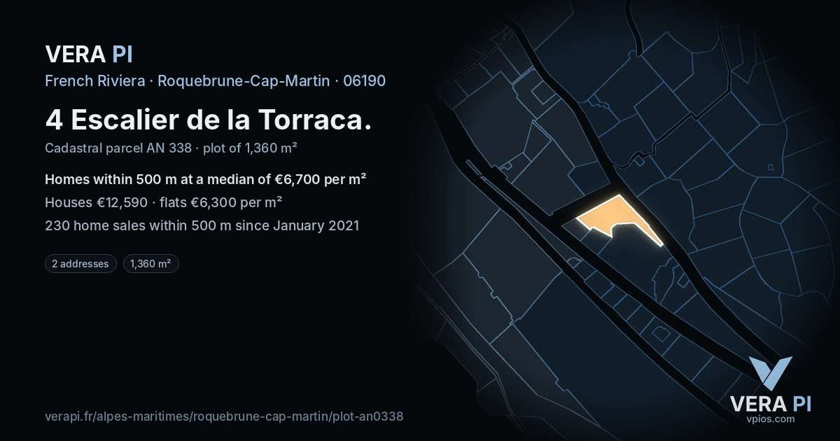 4 Escalier de la Torraca, Roquebrune-Cap-Martin at night – the plot lit, the parcels around coloured by the prices near them