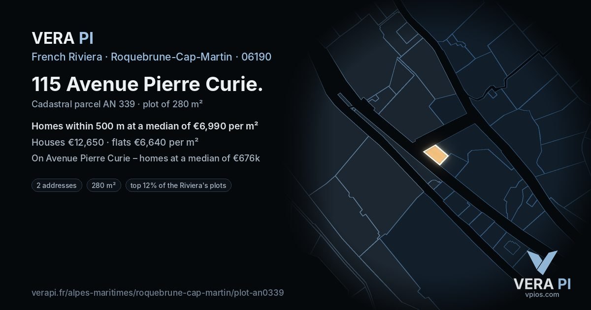 115 Avenue Pierre Curie, Roquebrune-Cap-Martin at night – the plot lit, the parcels around coloured by the prices near them