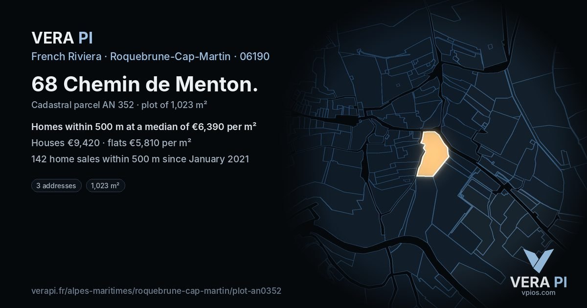 68 Chemin de Menton, Roquebrune-Cap-Martin at night – the plot lit, the parcels around coloured by the prices near them