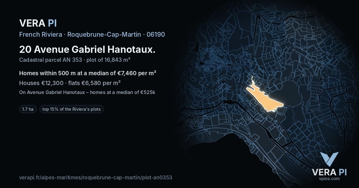 20 Avenue Gabriel Hanotaux, Roquebrune-Cap-Martin at night – the plot lit, the parcels around coloured by the prices near them