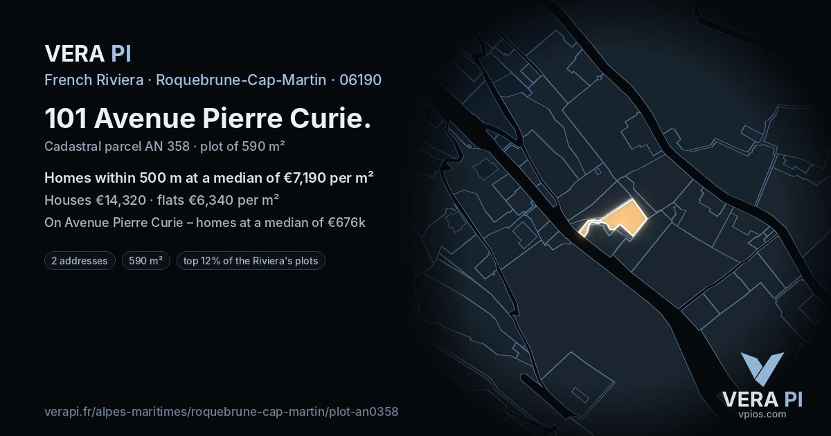 101 Avenue Pierre Curie, Roquebrune-Cap-Martin at night – the plot lit, the parcels around coloured by the prices near them