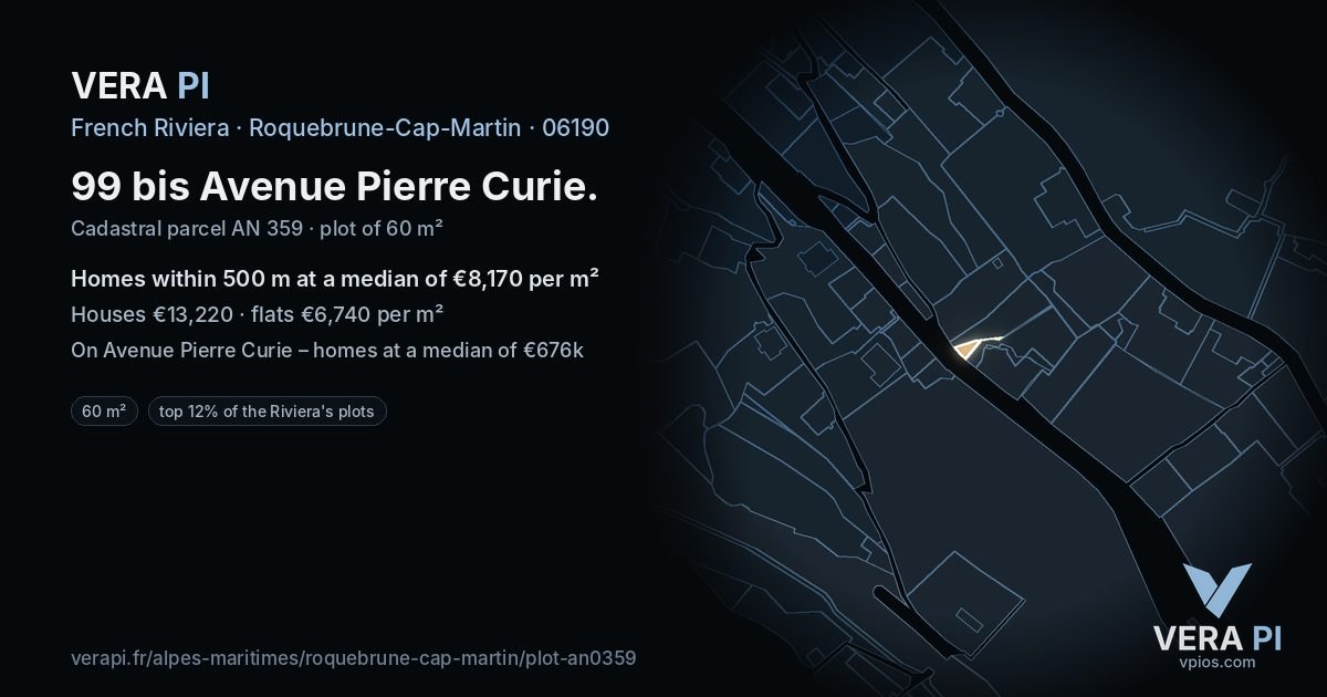 99 bis Avenue Pierre Curie, Roquebrune-Cap-Martin at night – the plot lit, the parcels around coloured by the prices near them