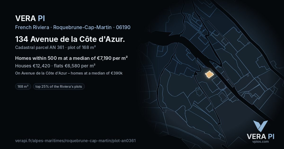 134 Avenue de la Côte d'Azur, Roquebrune-Cap-Martin at night – the plot lit, the parcels around coloured by the prices near them