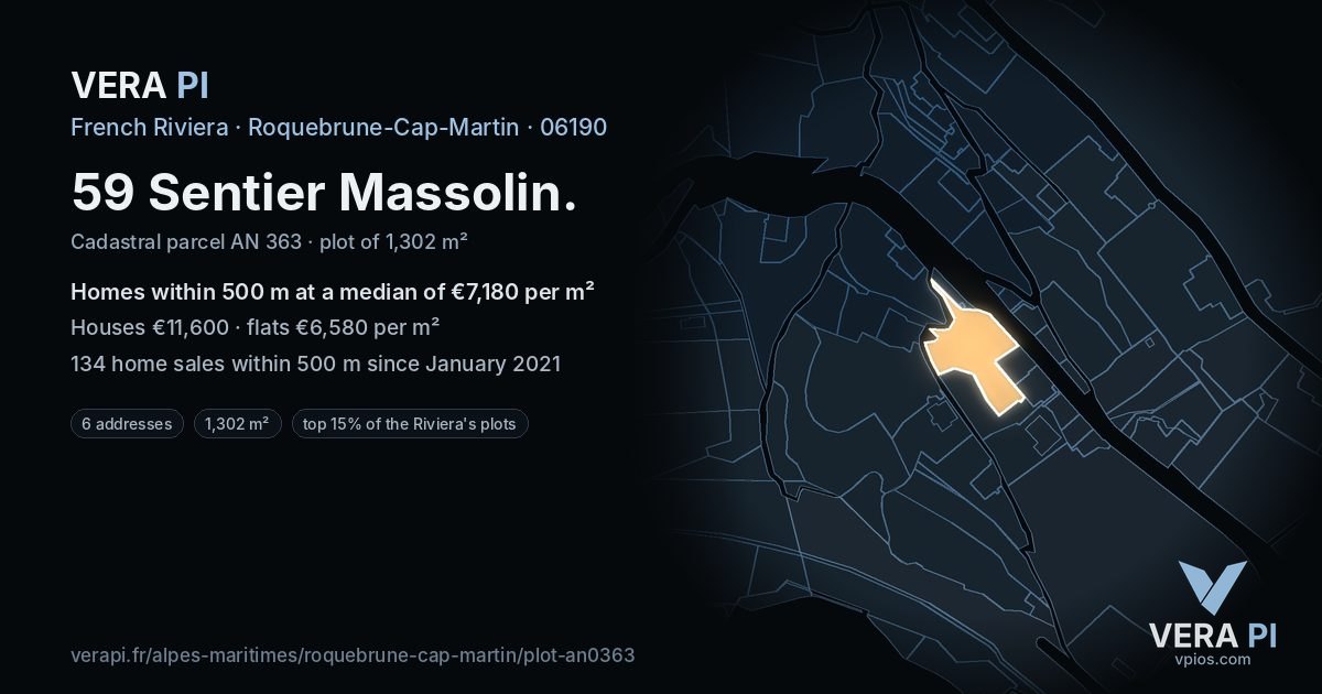 59 Sentier Massolin, Roquebrune-Cap-Martin at night – the plot lit, the parcels around coloured by the prices near them