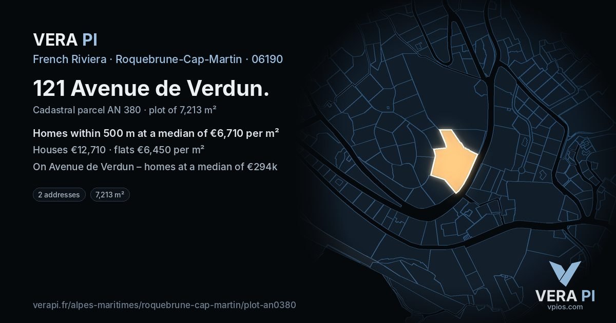 121 Avenue de Verdun, Roquebrune-Cap-Martin at night – the plot lit, the parcels around coloured by the prices near them