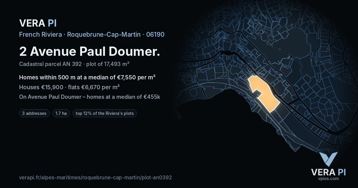 2 Avenue Paul Doumer, Roquebrune-Cap-Martin at night – the plot lit, the parcels around coloured by the prices near them