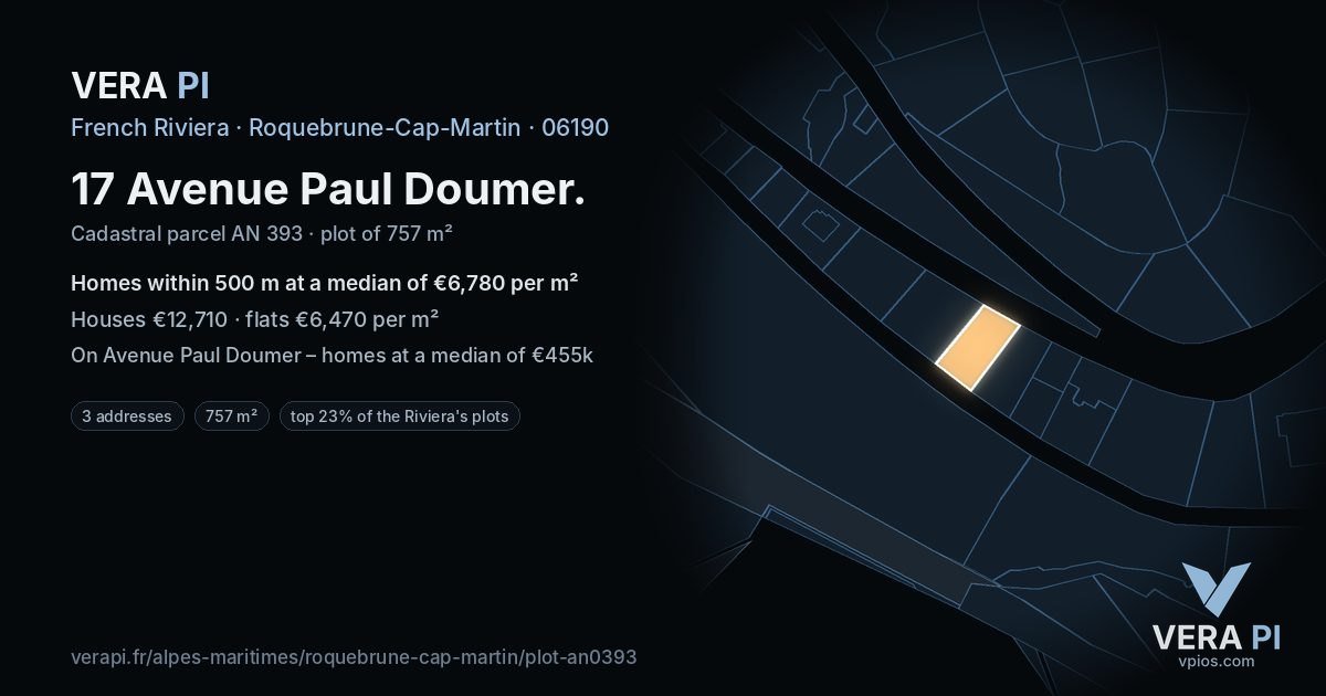 17 Avenue Paul Doumer, Roquebrune-Cap-Martin at night – the plot lit, the parcels around coloured by the prices near them