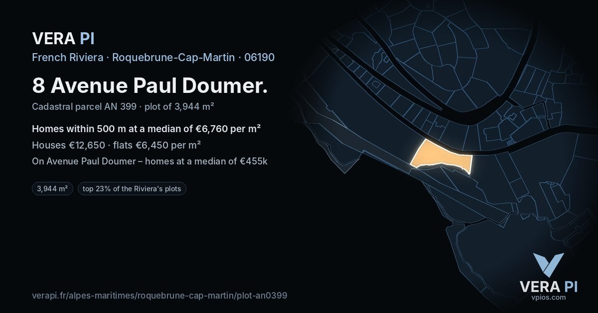 8 Avenue Paul Doumer, Roquebrune-Cap-Martin at night – the plot lit, the parcels around coloured by the prices near them