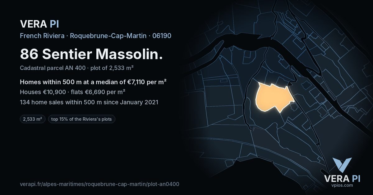 86 Sentier Massolin, Roquebrune-Cap-Martin at night – the plot lit, the parcels around coloured by the prices near them
