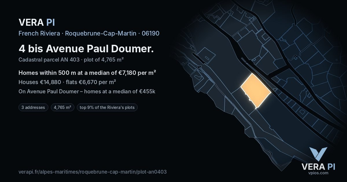 4 bis Avenue Paul Doumer, Roquebrune-Cap-Martin at night – the plot lit, the parcels around coloured by the prices near them