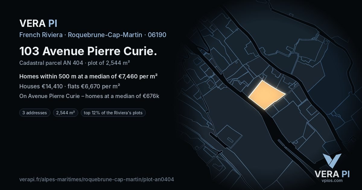 103 Avenue Pierre Curie, Roquebrune-Cap-Martin at night – the plot lit, the parcels around coloured by the prices near them