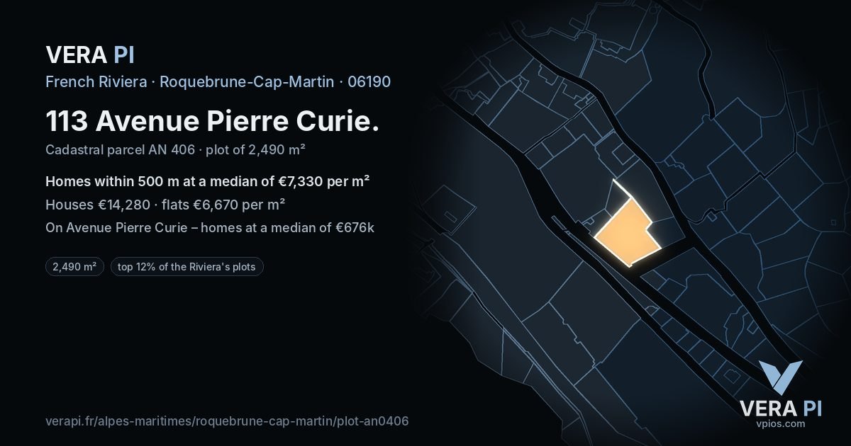 113 Avenue Pierre Curie, Roquebrune-Cap-Martin at night – the plot lit, the parcels around coloured by the prices near them