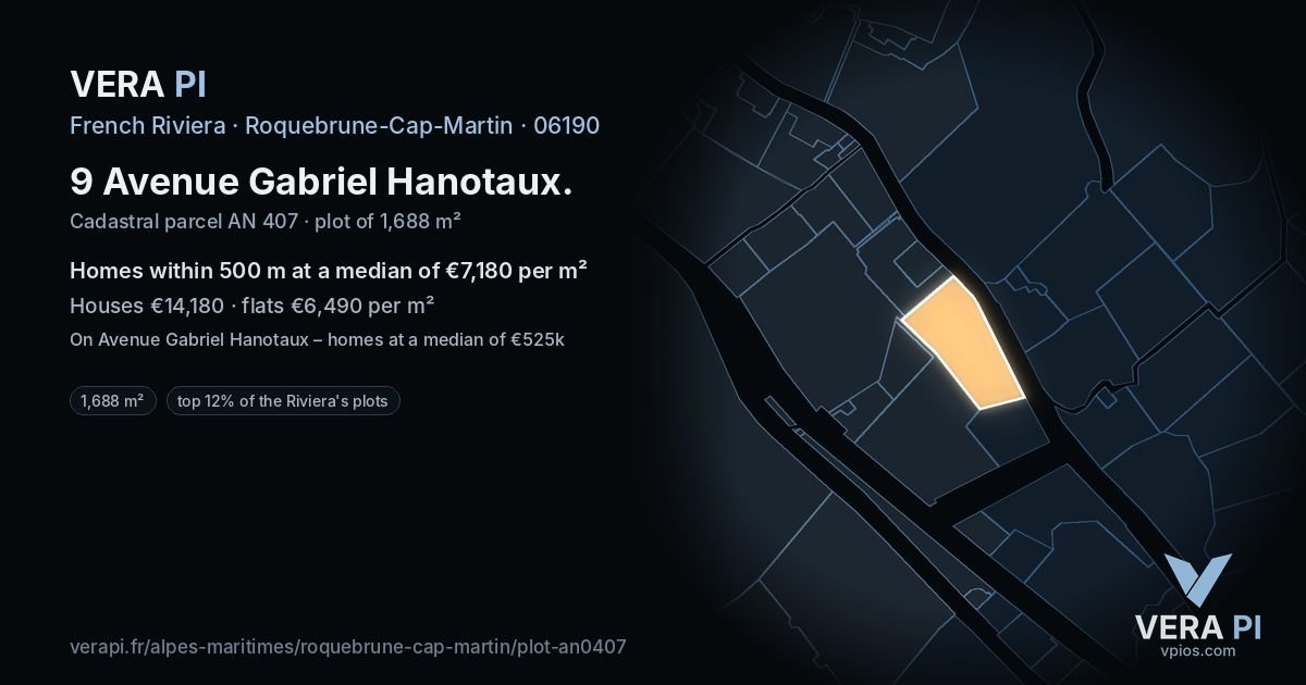 9 Avenue Gabriel Hanotaux, Roquebrune-Cap-Martin at night – the plot lit, the parcels around coloured by the prices near them