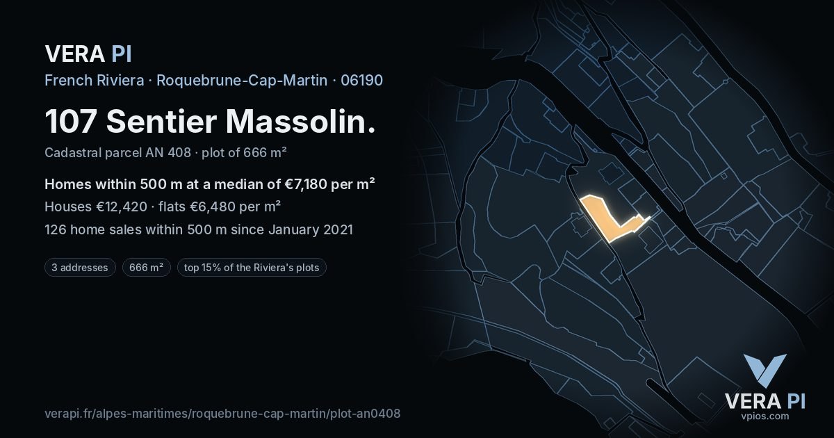 107 Sentier Massolin, Roquebrune-Cap-Martin at night – the plot lit, the parcels around coloured by the prices near them