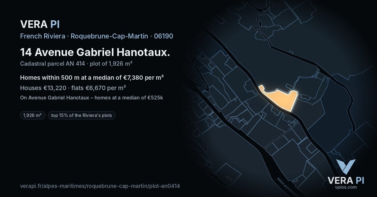 14 Avenue Gabriel Hanotaux, Roquebrune-Cap-Martin at night – the plot lit, the parcels around coloured by the prices near them