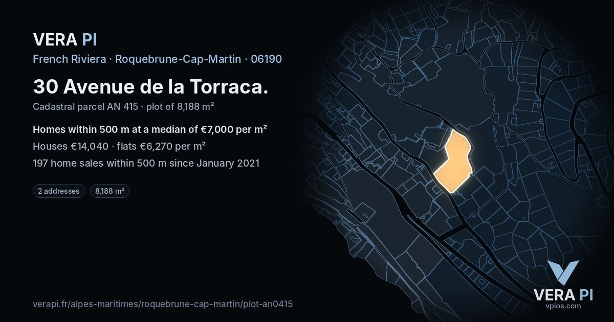 30 Avenue de la Torraca, Roquebrune-Cap-Martin at night – the plot lit, the parcels around coloured by the prices near them