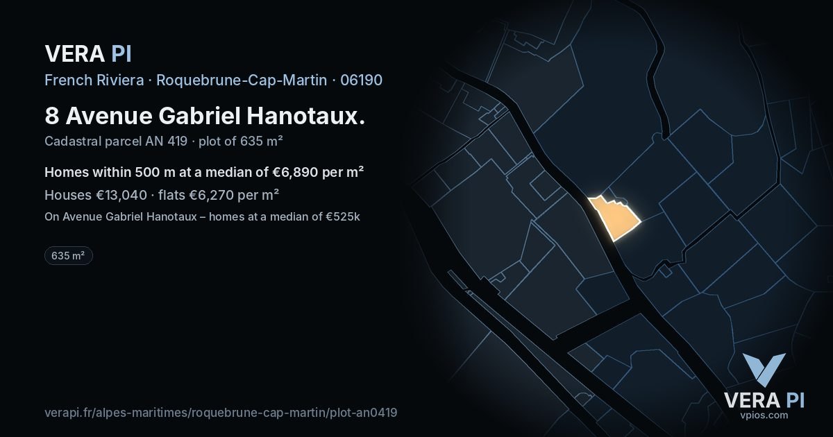 8 Avenue Gabriel Hanotaux, Roquebrune-Cap-Martin at night – the plot lit, the parcels around coloured by the prices near them