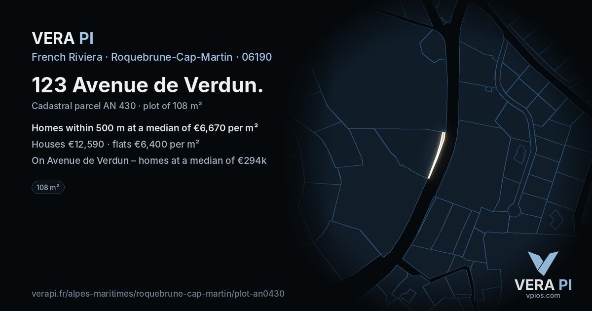123 Avenue de Verdun, Roquebrune-Cap-Martin at night – the plot lit, the parcels around coloured by the prices near them