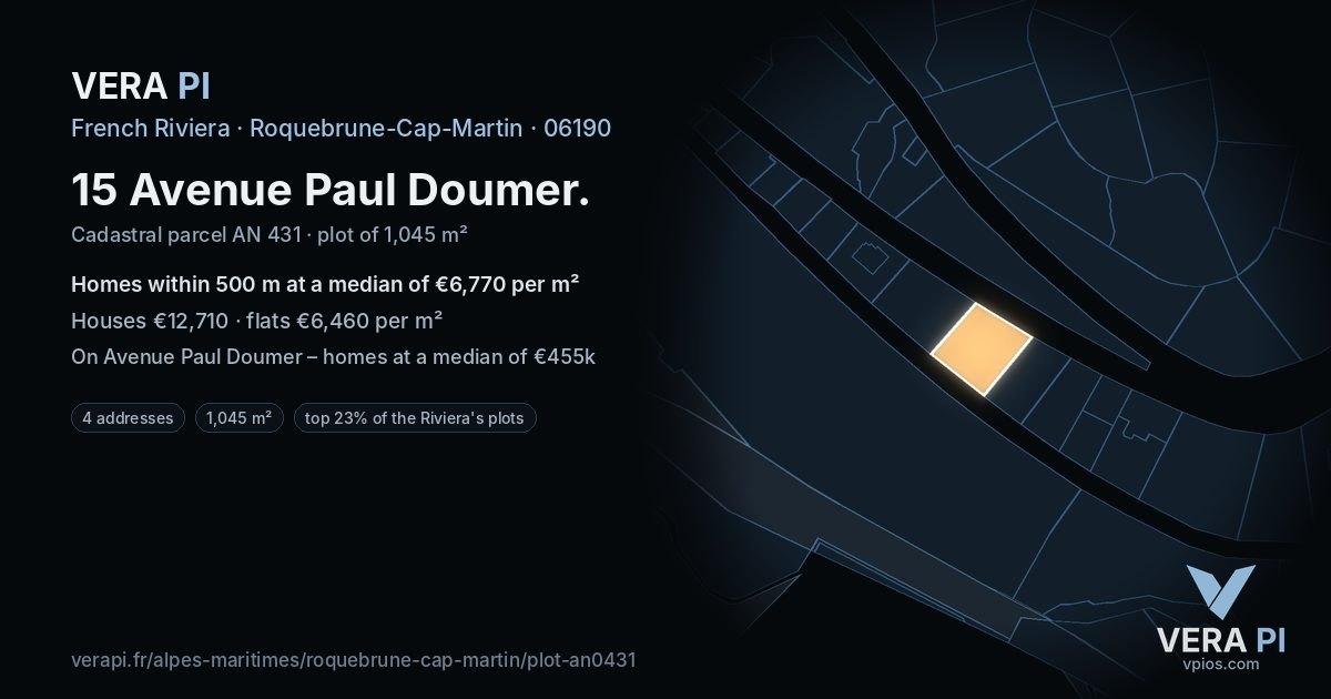 15 Avenue Paul Doumer, Roquebrune-Cap-Martin at night – the plot lit, the parcels around coloured by the prices near them