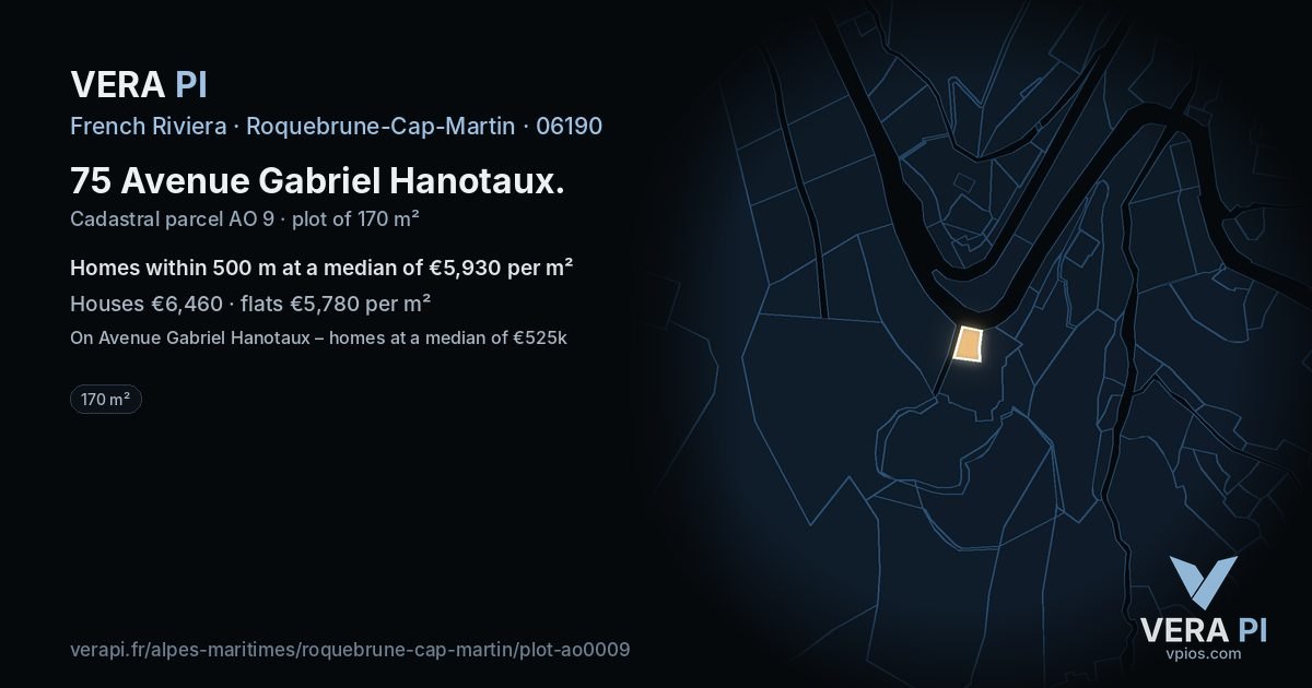 75 Avenue Gabriel Hanotaux, Roquebrune-Cap-Martin at night – the plot lit, the parcels around coloured by the prices near them