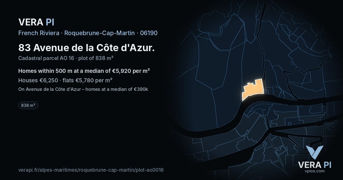 83 Avenue de la Côte d'Azur, Roquebrune-Cap-Martin at night – the plot lit, the parcels around coloured by the prices near them