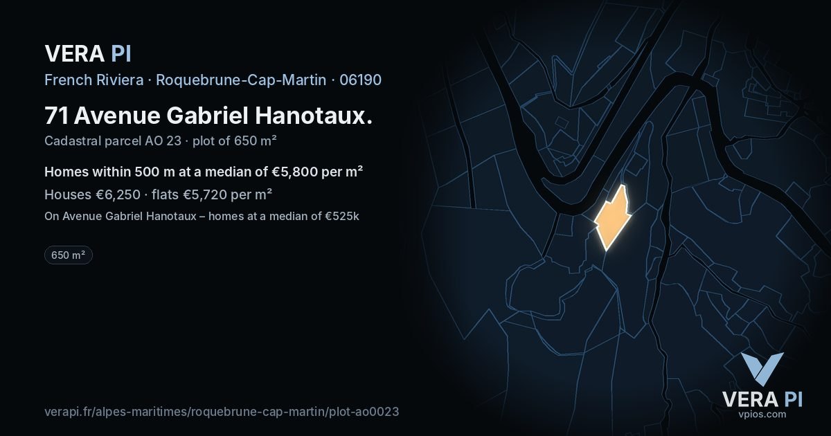 71 Avenue Gabriel Hanotaux, Roquebrune-Cap-Martin at night – the plot lit, the parcels around coloured by the prices near them