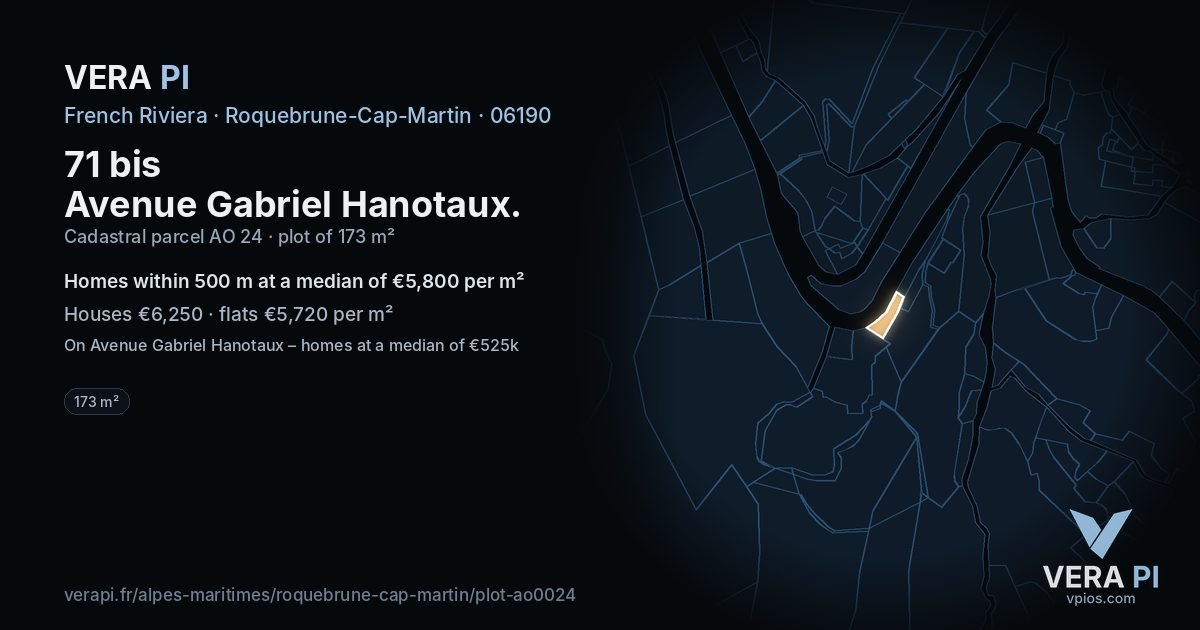 71 bis Avenue Gabriel Hanotaux, Roquebrune-Cap-Martin at night – the plot lit, the parcels around coloured by the prices near them