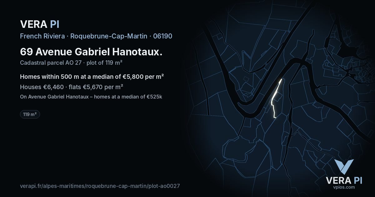 69 Avenue Gabriel Hanotaux, Roquebrune-Cap-Martin at night – the plot lit, the parcels around coloured by the prices near them