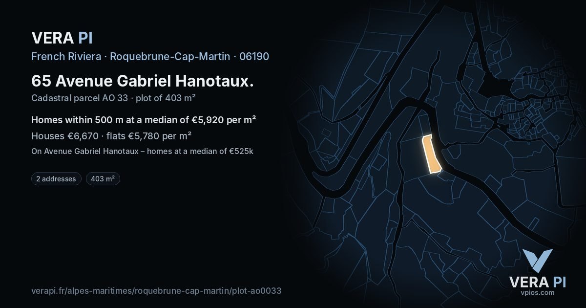 65 Avenue Gabriel Hanotaux, Roquebrune-Cap-Martin at night – the plot lit, the parcels around coloured by the prices near them