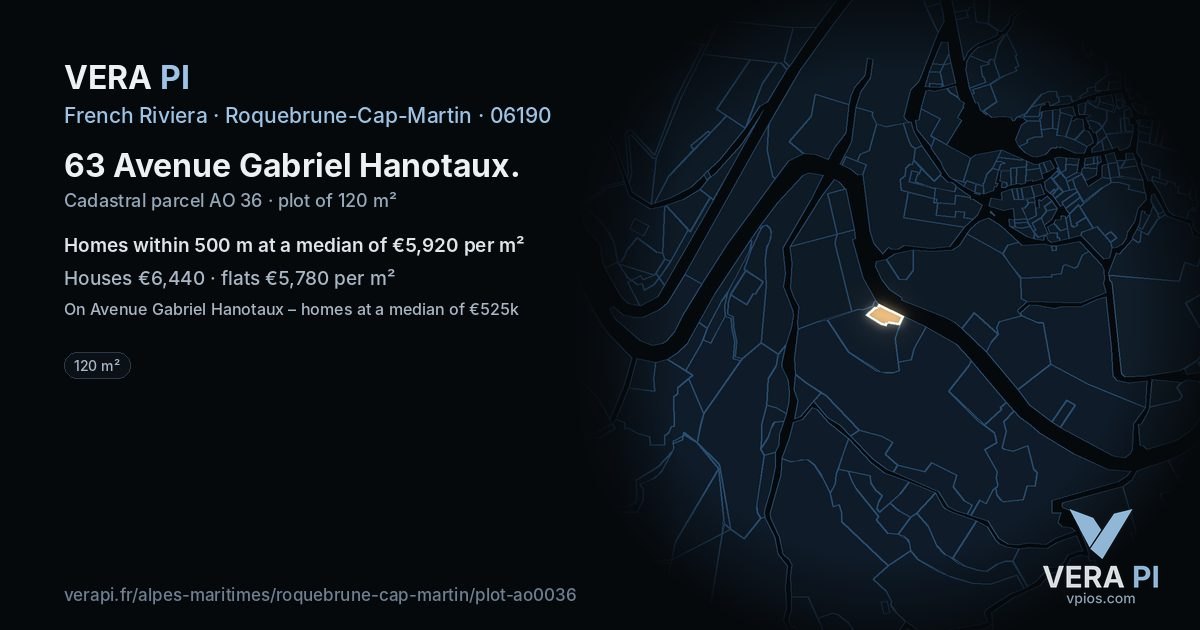 63 Avenue Gabriel Hanotaux, Roquebrune-Cap-Martin at night – the plot lit, the parcels around coloured by the prices near them