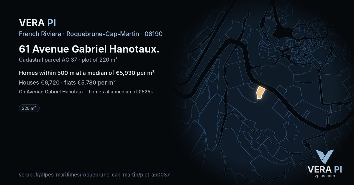 61 Avenue Gabriel Hanotaux, Roquebrune-Cap-Martin at night – the plot lit, the parcels around coloured by the prices near them