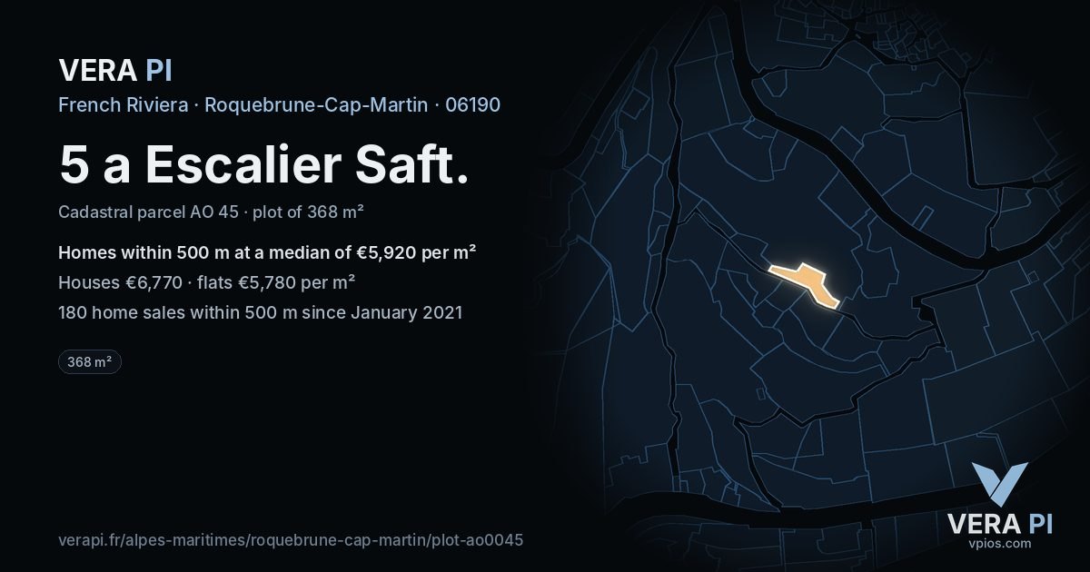 5 a Escalier Saft, Roquebrune-Cap-Martin at night – the plot lit, the parcels around coloured by the prices near them